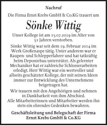 Traueranzeige von Sönke Wittig von Holsteinischer Courier