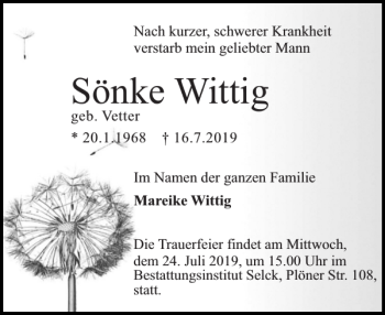Traueranzeige von Sönke Wittig von Holsteinischer Courier