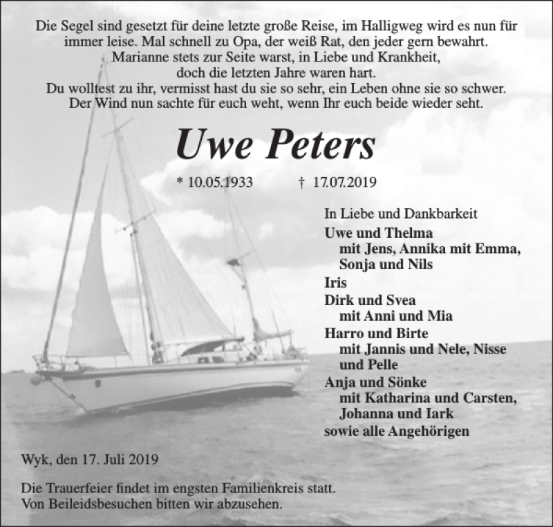  Traueranzeige für Uwe Peters vom 19.07.2019 aus Der Insel-Bote