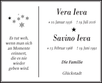 Traueranzeige von Vera Ieva Savino Ieva von Norddeutsche Rundschau
