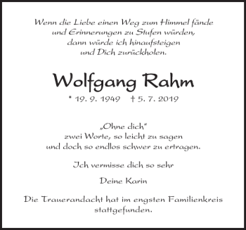 Traueranzeige von Wolfgang Rahm von Uetersener Nachrichten