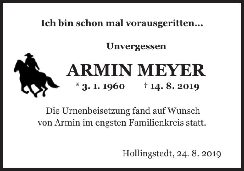  Traueranzeige für ARMIN MEYER vom 24.08.2019 aus Flensburger Tageblatt