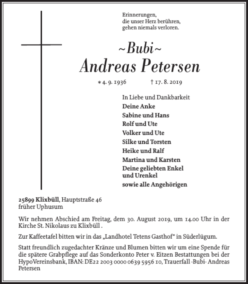  Traueranzeige für Andreas Petersen vom 21.08.2019 aus Nordfriesland Tageblatt