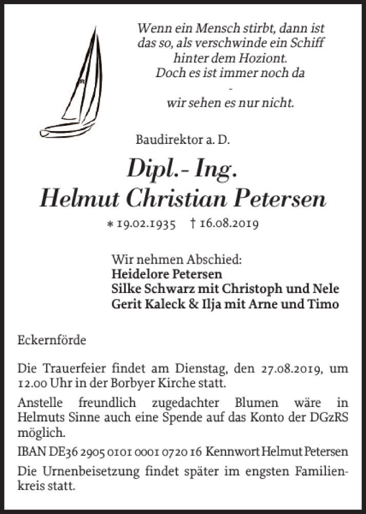  Traueranzeige für Dipl.-Ing. Helmut Christian Petersen vom 21.08.2019 aus Eckernförder Zeitung