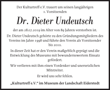 Traueranzeige von Dr. Dieter Undeutsch von Husumer Nachrichten
