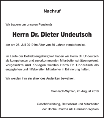 Traueranzeige von Dr. Dieter Undeutsch von Husumer Nachrichten