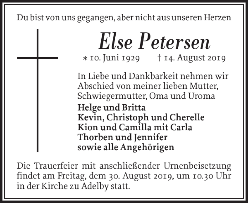  Traueranzeige für Else Petersen vom 24.08.2019 aus Flensburger Tageblatt
