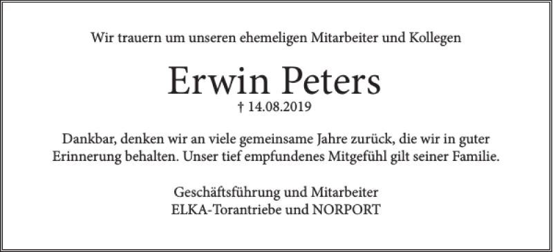  Traueranzeige für Erwin Peters vom 20.08.2019 aus Husumer Nachrichten
