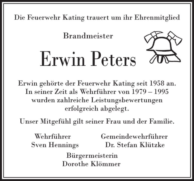  Traueranzeige für Erwin Peters vom 20.08.2019 aus Husumer Nachrichten