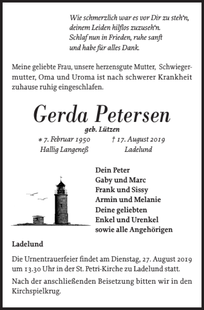  Traueranzeige für Gerda Petersen vom 21.08.2019 aus Husumer Nachrichten