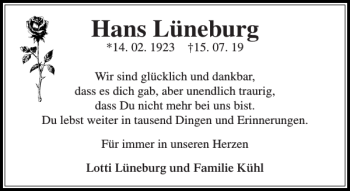 Traueranzeige von Hans Lüneburg von Stormarner Tageblatt
