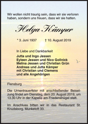 Traueranzeige von Helga Kämper von Flensburger Tageblatt