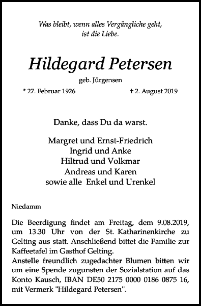  Traueranzeige für Hildegard Petersen vom 06.08.2019 aus Flensburger Tageblatt