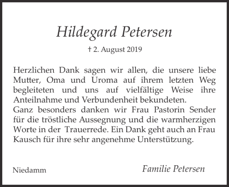  Traueranzeige für Hildegard Petersen vom 31.08.2019 aus Flensburger Tageblatt