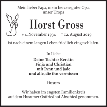 Traueranzeige von Horst Gross von Husumer Nachrichten
