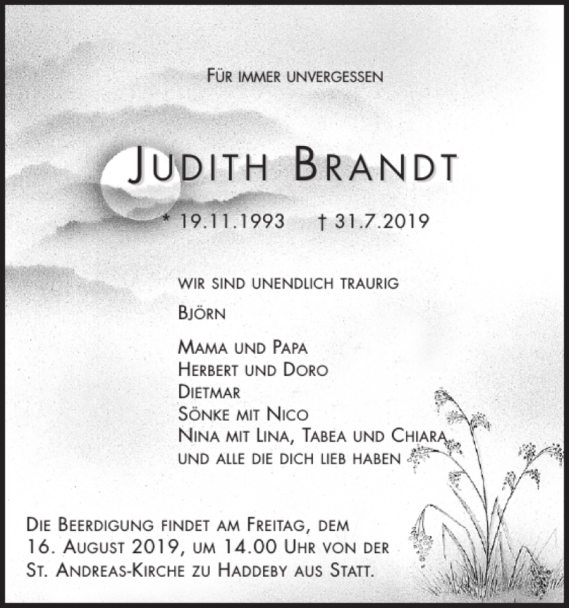  Traueranzeige für Judith Brandt vom 10.08.2019 aus Schleswiger Nachrichten