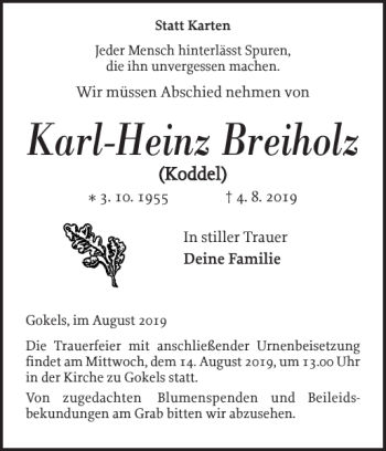 Traueranzeige von Karl-Heinz Breiholz von Landeszeitung