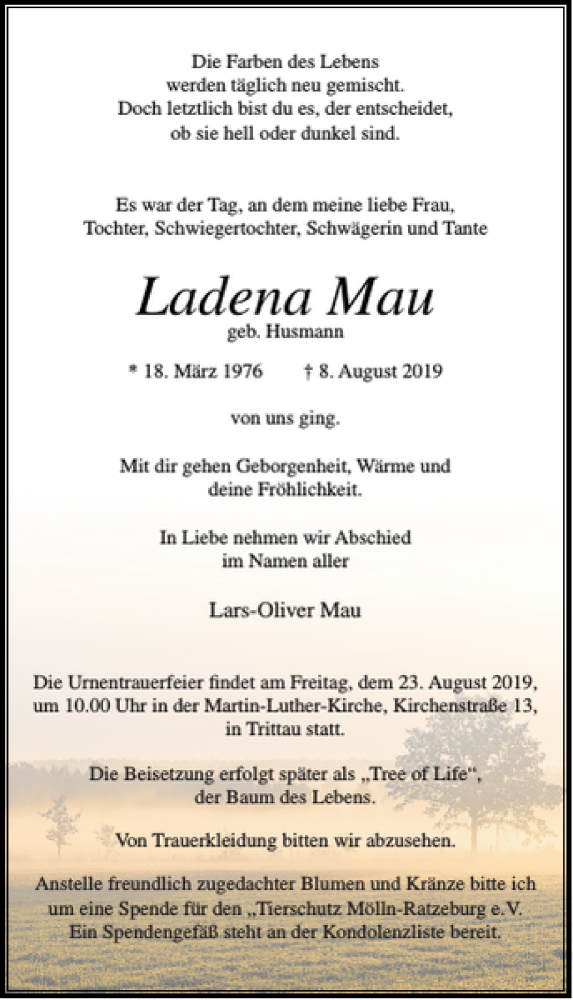  Traueranzeige für Ladena Mau vom 17.08.2019 aus Stormarner Tageblatt