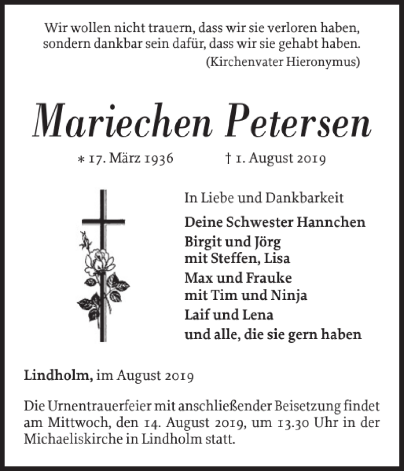  Traueranzeige für Mariechen Petersen vom 08.08.2019 aus Nordfriesland Tageblatt