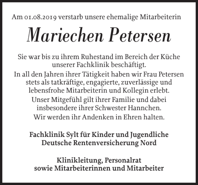  Traueranzeige für Mariechen Petersen vom 22.08.2019 aus Sylter Rundschau