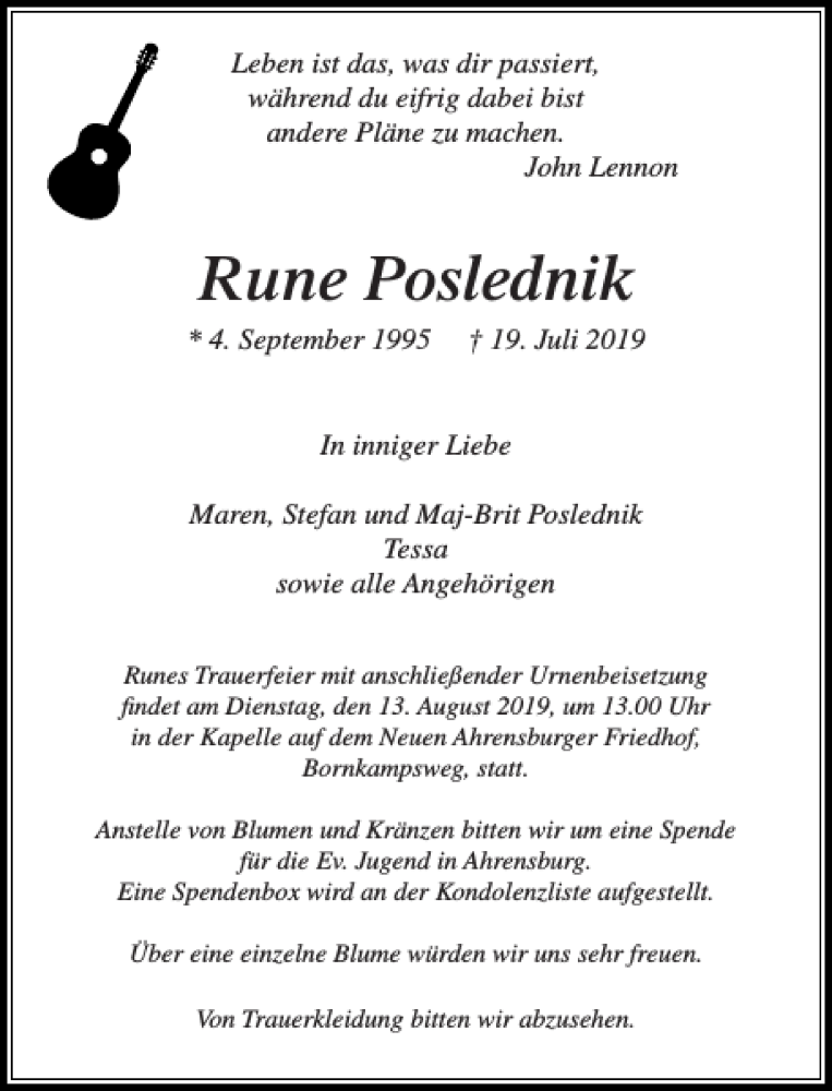  Traueranzeige für Rune Poslednik vom 03.08.2019 aus Stormarner Tageblatt