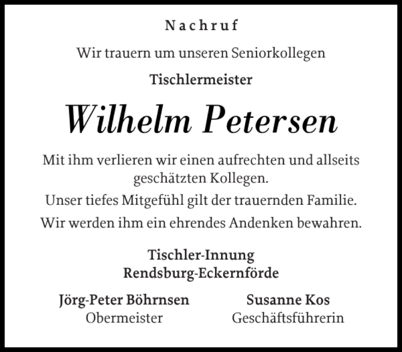  Traueranzeige für Wilhelm Petersen vom 03.08.2019 aus Eckernförder Zeitung