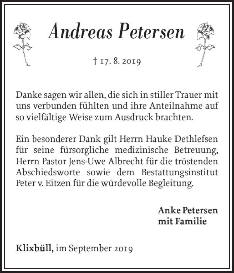  Traueranzeige für Andreas Petersen vom 21.09.2019 aus Nordfriesland Tageblatt