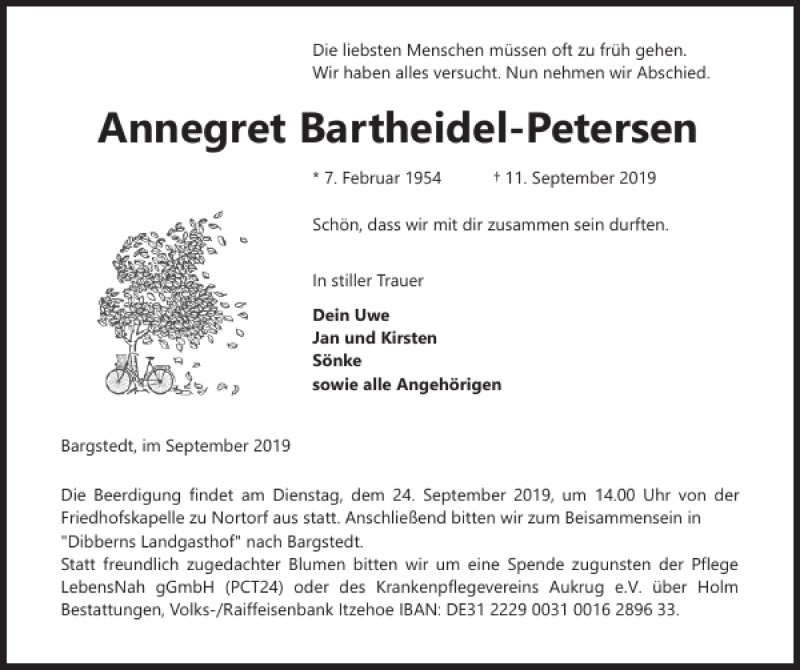  Traueranzeige für Annegret Bartheidel-Petersen vom 18.09.2019 aus Landeszeitung