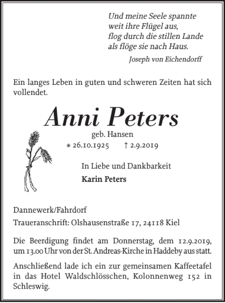  Traueranzeige für Anni Peters vom 07.09.2019 aus Schleswiger Nachrichten