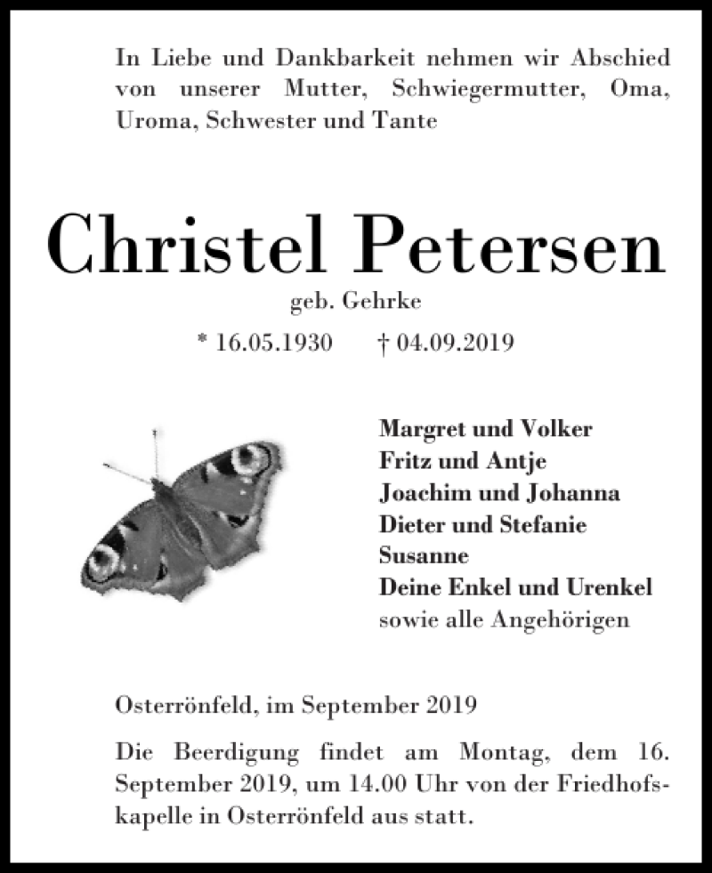  Traueranzeige für Christel Petersen vom 12.09.2019 aus Landeszeitung
