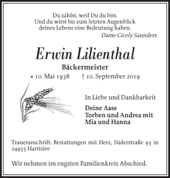 Traueranzeige von Erwin Lilienthal von Flensburger Tageblatt
