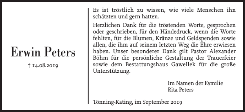  Traueranzeige für Erwin Peters vom 14.09.2019 aus Husumer Nachrichten