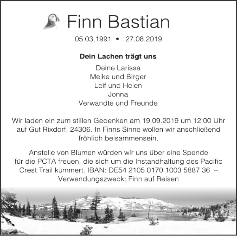  Traueranzeige für Finn Bastian vom 14.09.2019 aus Norddeutsche Rundschau