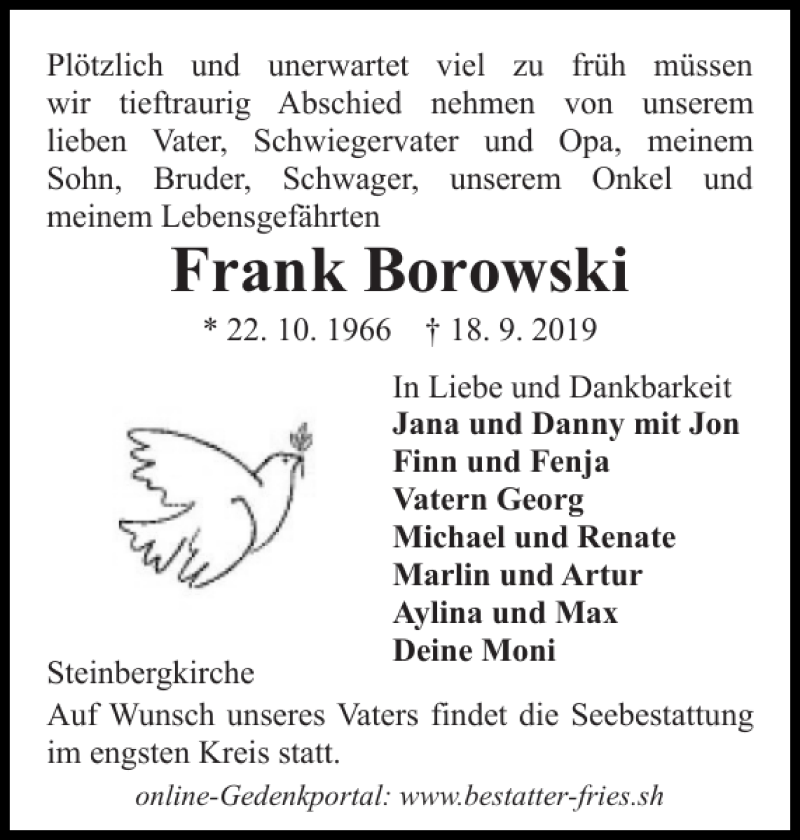  Traueranzeige für Frank Borowski vom 20.09.2019 aus Flensburger Tageblatt