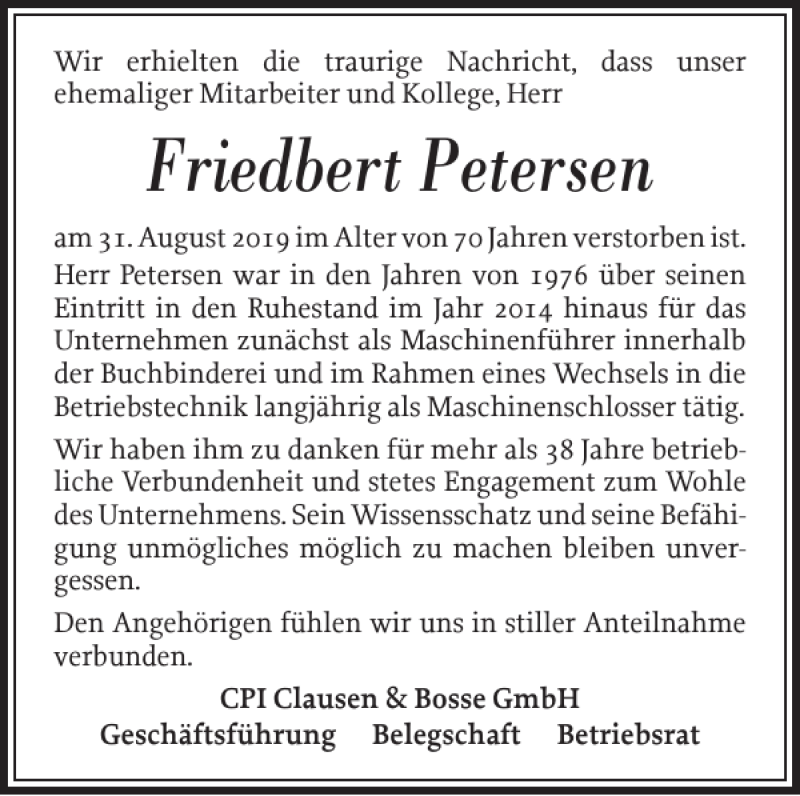  Traueranzeige für Friedbert Petersen vom 09.09.2019 aus Nordfriesland Tageblatt