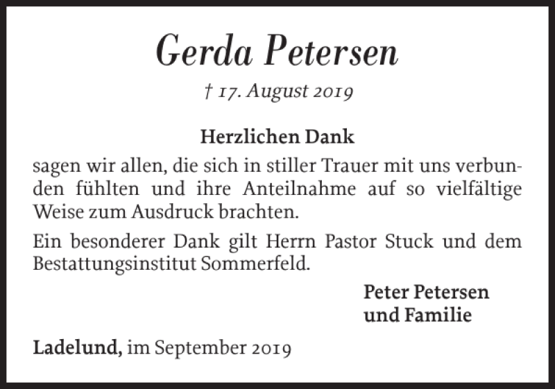  Traueranzeige für Gerda Petersen vom 14.09.2019 aus Husumer Nachrichten