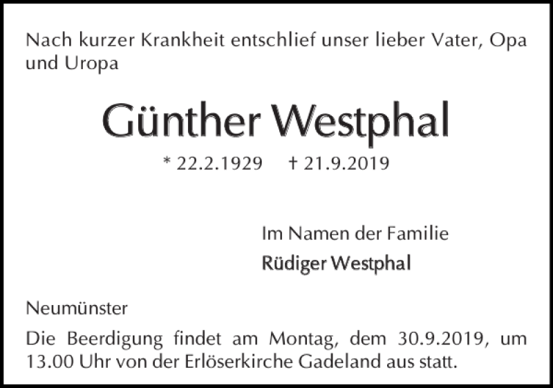  Traueranzeige für Günther Westphal vom 28.09.2019 aus Holsteinischer Courier