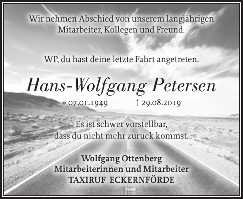  Traueranzeige für Hans-Wolfgang Petersen vom 14.09.2019 aus Eckernförder Zeitung