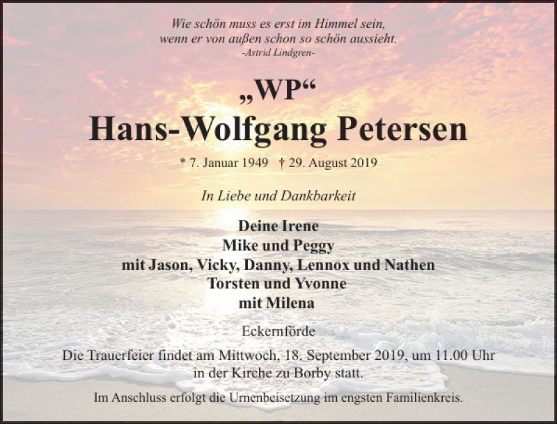  Traueranzeige für Hans-Wolfgang Petersen vom 07.09.2019 aus Eckernförder Zeitung