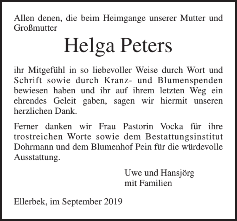  Traueranzeige für Helga Peters vom 07.09.2019 aus Pinneberger Tageblatt