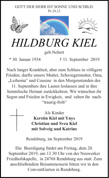 Traueranzeige von Hildburg Kiel von Landeszeitung