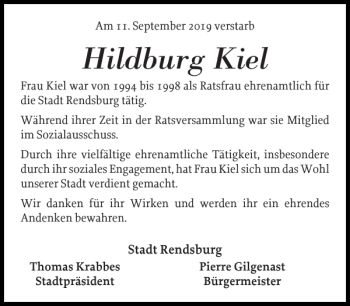 Traueranzeige von Hildburg Kiel von Landeszeitung