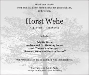 Traueranzeige von Horst Wehe von Landeszeitung