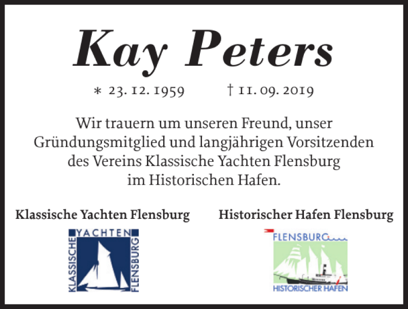  Traueranzeige für Kay Peters vom 20.09.2019 aus Flensburger Tageblatt