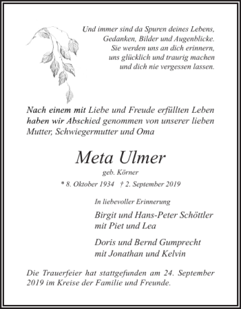 Traueranzeige von Meta Ulmer von Uetersener Nachrichten