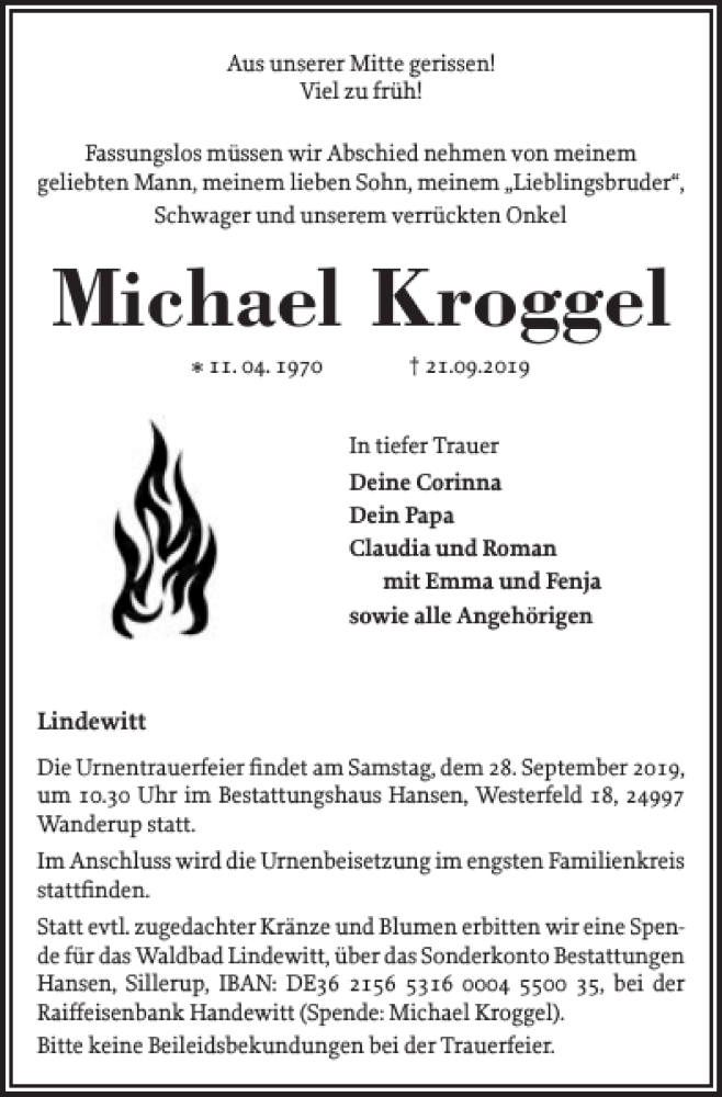  Traueranzeige für Michael Kroggel vom 25.09.2019 aus Flensburger Tageblatt