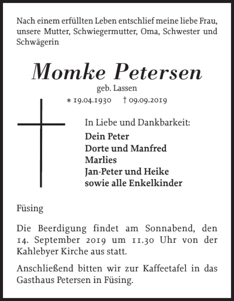  Traueranzeige für Momke Petersen vom 12.09.2019 aus Schleswiger Nachrichten