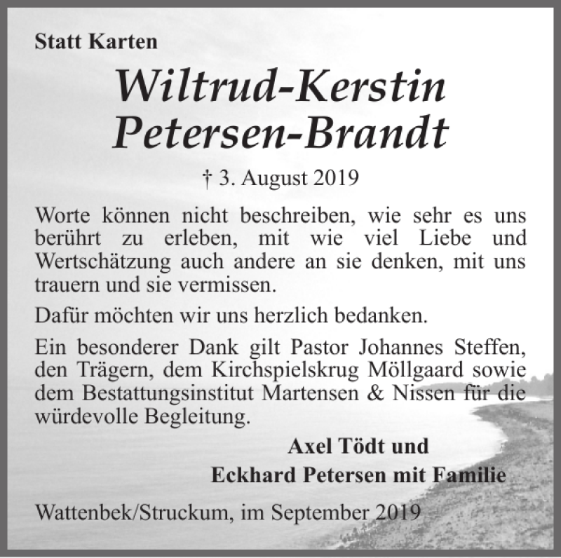  Traueranzeige für Wiltrud-Kerstin Petersen-Brandt vom 07.09.2019 aus Husumer Nachrichten