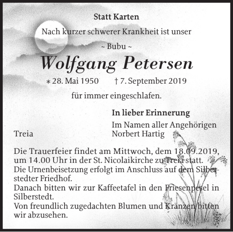  Traueranzeige für Wolfgang Petersen vom 12.09.2019 aus Schleswiger Nachrichten