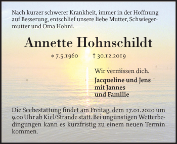 Traueranzeige von Annette Hohnschildt von Norddeutsche Rundschau